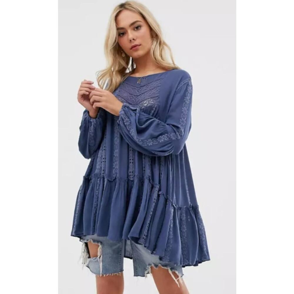 Free People KISS KISS Babydoll Tiered Lace Crochet Tunic Top in Blue Size M $128